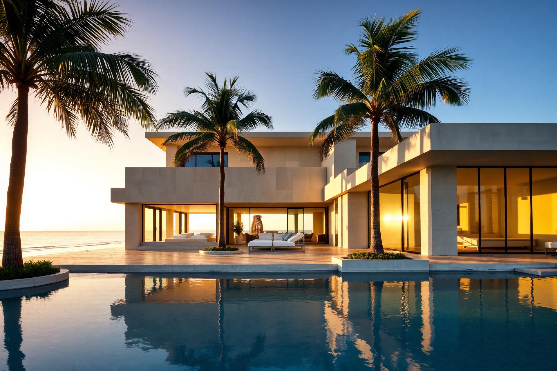 Modern luxury coastal home at golden hour
